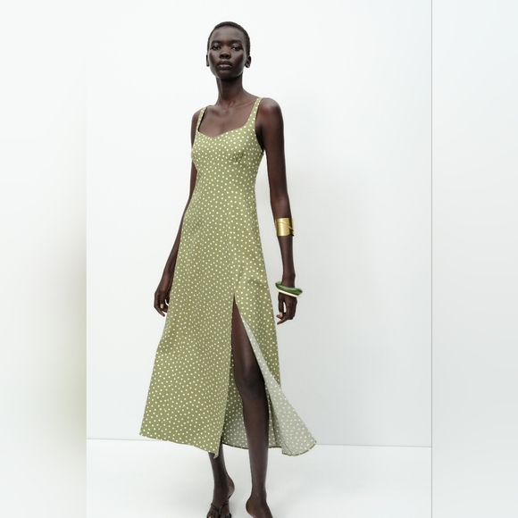 SIZE XL LINEN BLEND POLKA DOT MIDI DRESS ECRU/KHAKI ZARA 8008/677/071 - Picture 2 of 9